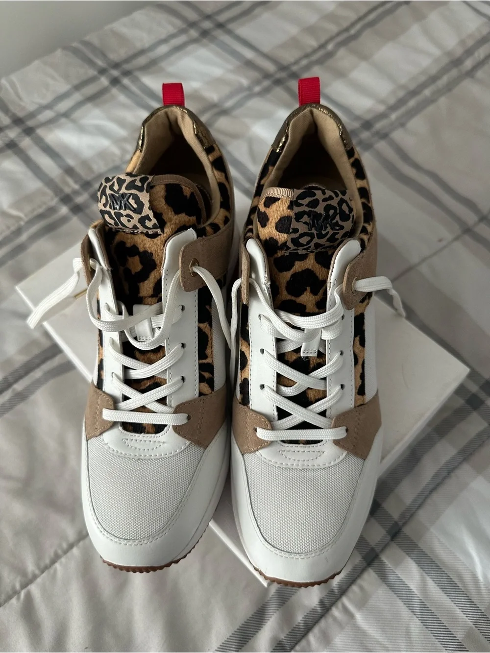 Michael Kors White Tan Leopard Accent Sneakers with Red Pull Tab